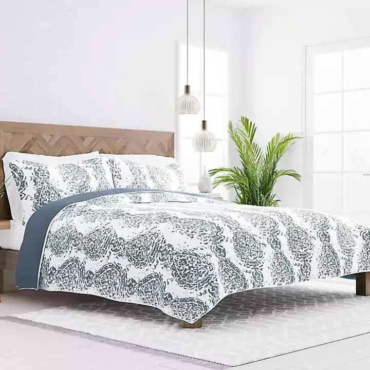 Blue Damask Reversible 2-pc. Twin Quilt Set