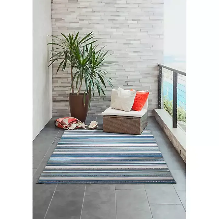 Blue Dhurri Stripe Indoor/Outdoor Area Rug, 7x9