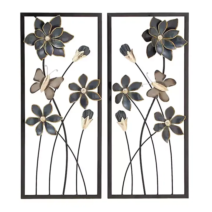 Blue Floral and Butterfly Wall Plaques, Set of 2
