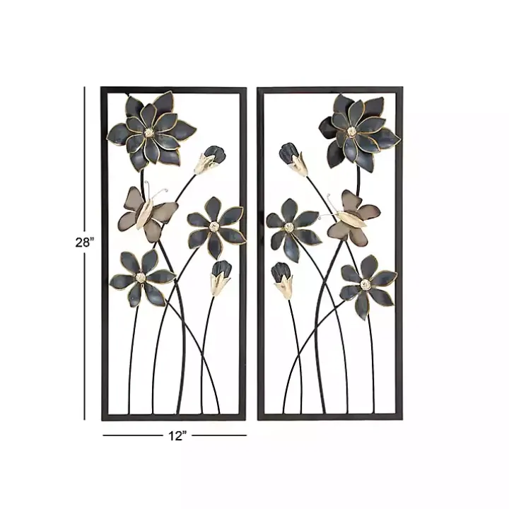 Blue Floral and Butterfly Wall Plaques, Set of 2