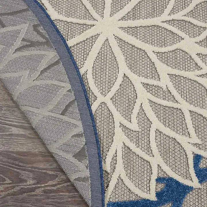 Blue Floral Burst Round Outdoor Area Rug, 5x5