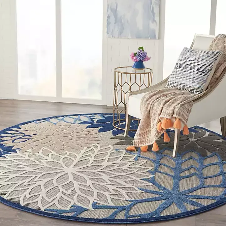 Blue Floral Burst Round Outdoor Area Rug, 7x7