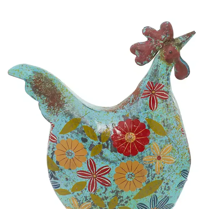 Blue Floral Metal Rooster Statue