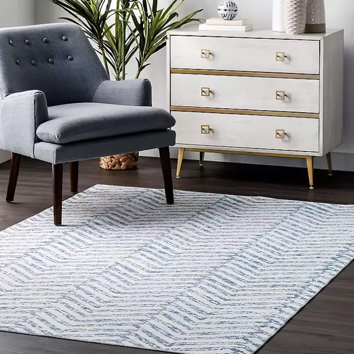 Blue Geometric Pattern Washable Area Rug, 5x8