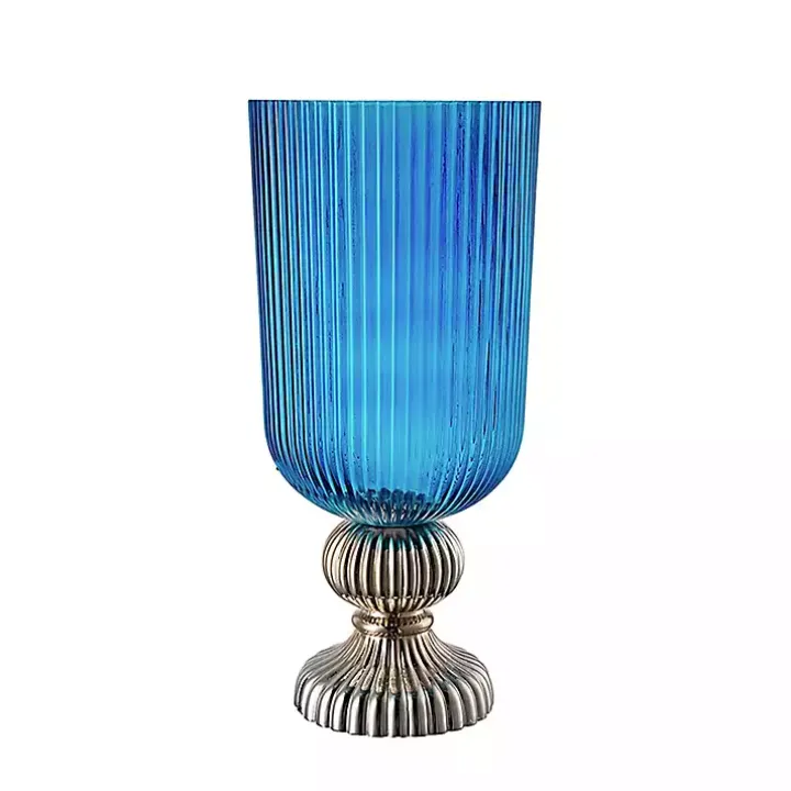 Blue Glass Vase with Silver Pedestal Base, 20 in.