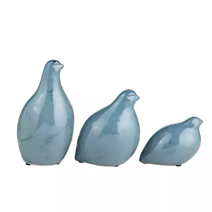 Blue Glazed Ceramic Bird Figurines, Set of 3