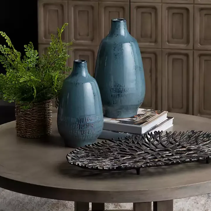 Blue Glazed Ceramic Vases, Set of 2