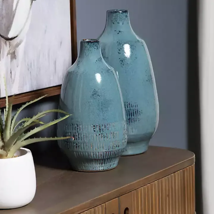 Blue Glazed Ceramic Vases, Set of 2
