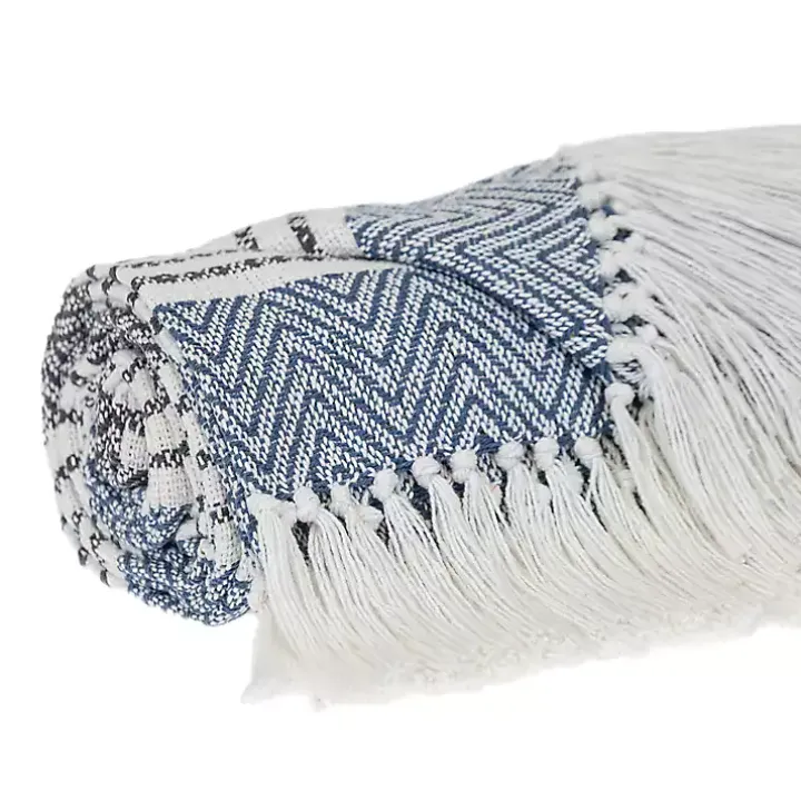 Blue Herringbone Multi Striped Throw