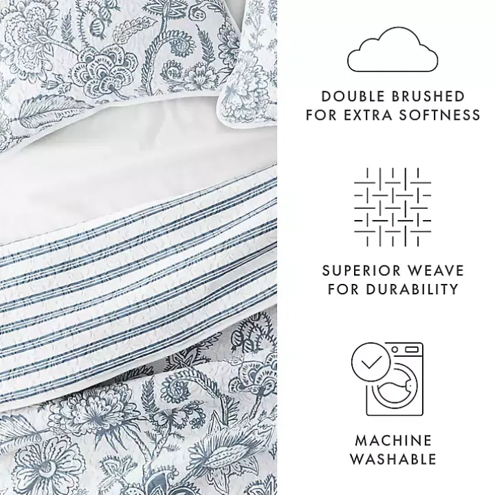 Blue Jacobean Reversible 3-pc. King Quilt Set