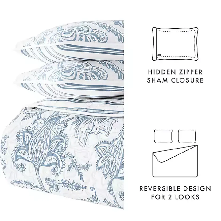 Blue Jacobean Reversible 3-pc. King Quilt Set