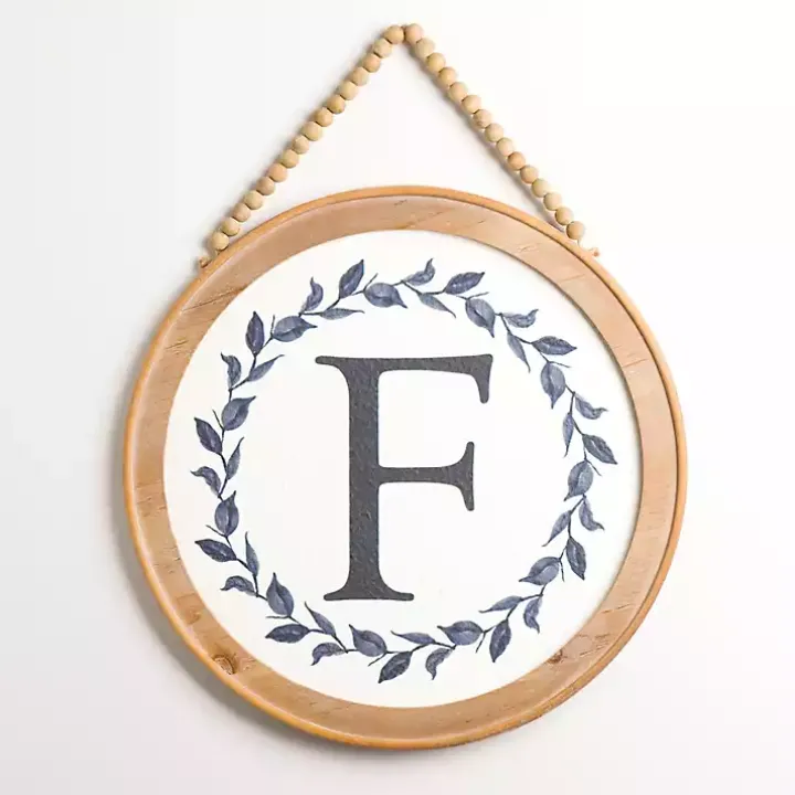 Blue Leaf Wreath Monogram F Wood Wall Plaque