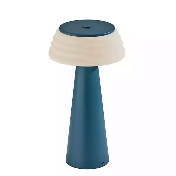 Blue Metal Cordless Lamp with White Ribbed Shade