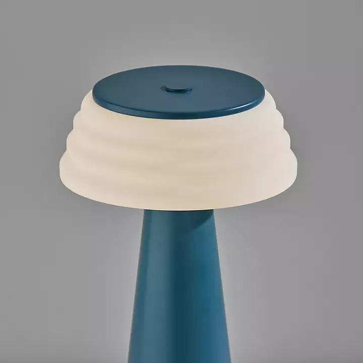 Blue Metal Cordless Lamp with White Ribbed Shade