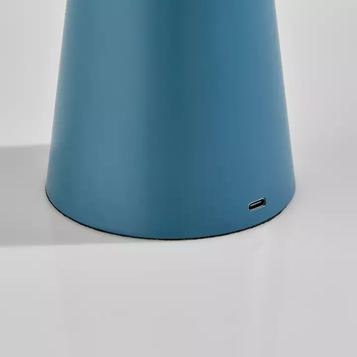Blue Metal Cordless Lamp with White Ribbed Shade