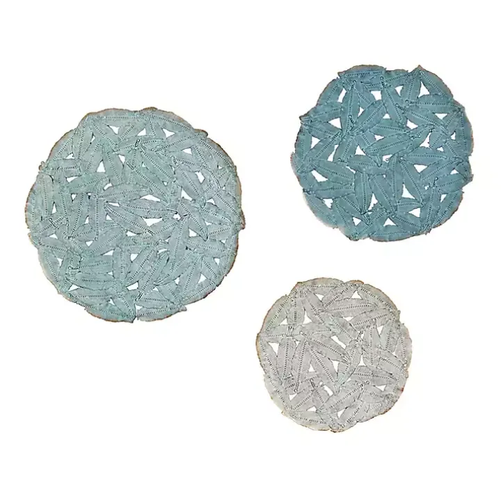 Blue Metal Feather Round Wall Plaques, Set of 3