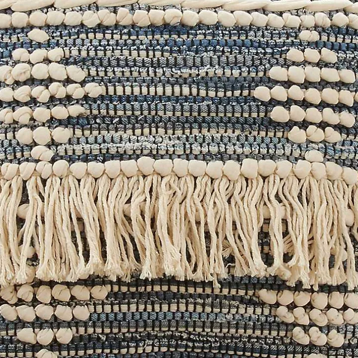 Blue Natural Chindi Fringe Cotton Pillow