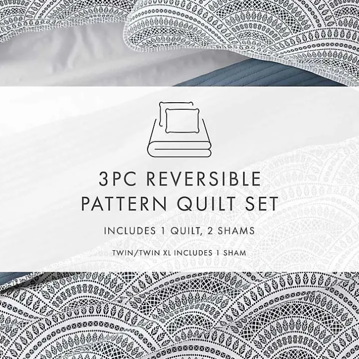 Blue Scalloped Reversible 3-pc. King Quilt Set