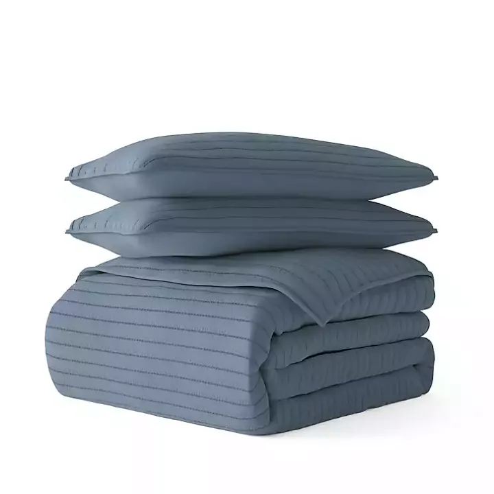 Blue Stitched Stripes 3-pc. Queen Quilt Set