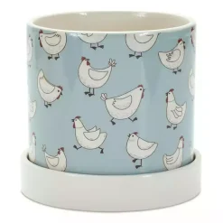 Blue Striped and Chicken Decorative Pots, Set of 2