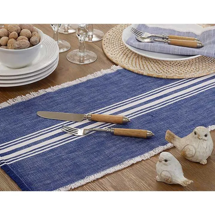 Blue Striped Fringe Table Runner, 72 in.