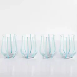 Blue Striped Stemless Wine Glasses, Set of 4