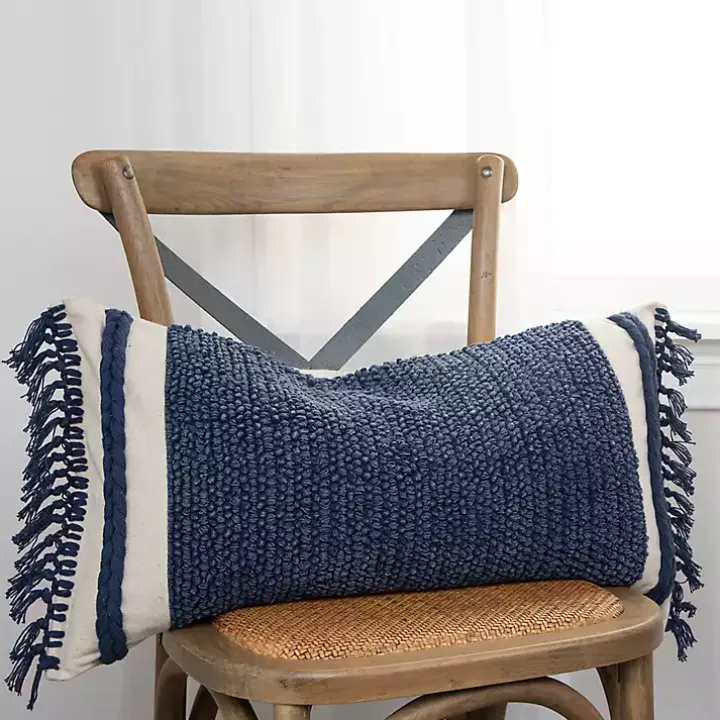 Blue Tufted Macrame Tassels Lumbar Pillow