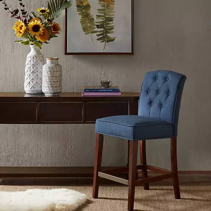Blue Tufted Upholstered Wood Counter Stool