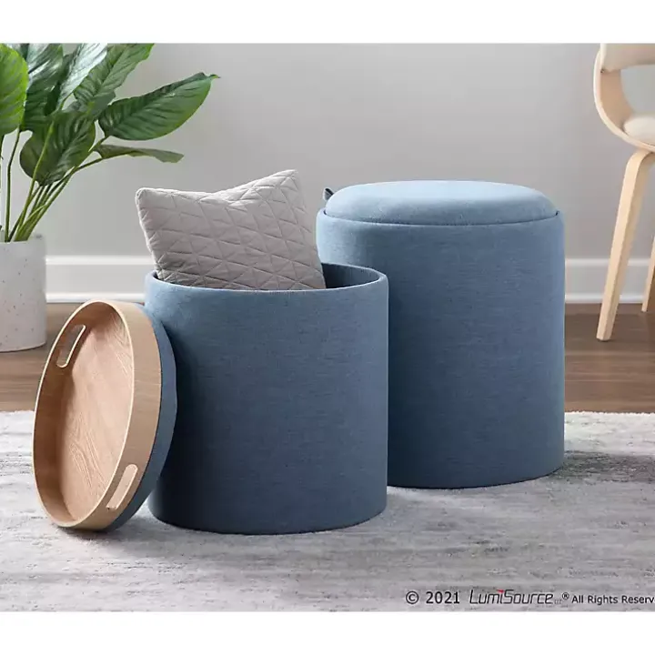 Blue Upholstered Ottomans with Tray Tops, Set of 2