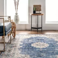 Blue Vintage Floral Washable Area Rug, 5x8