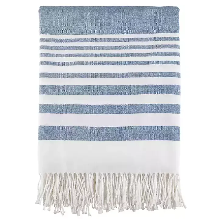 Blue White Stripe Throw Blanket with Fringe