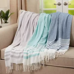 Blue White Stripe Throw Blanket with Fringe