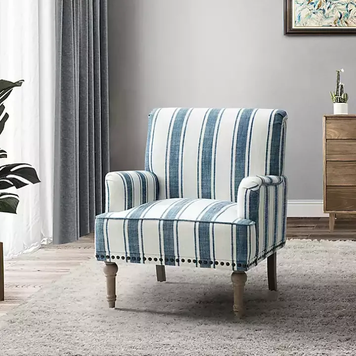 Blue White Stripe Upholstered Accent Chair