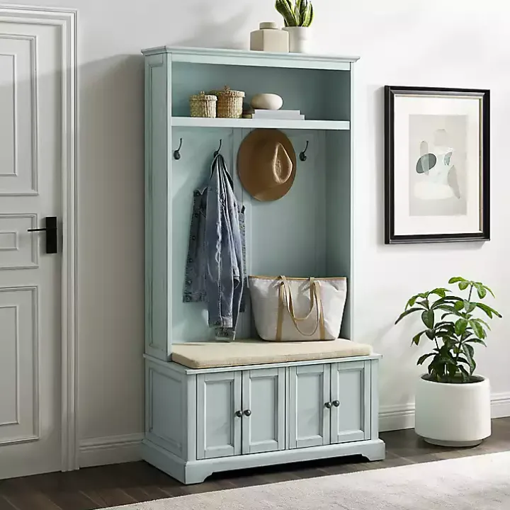 Blue Wood Hall Tree with Cushioned Bench