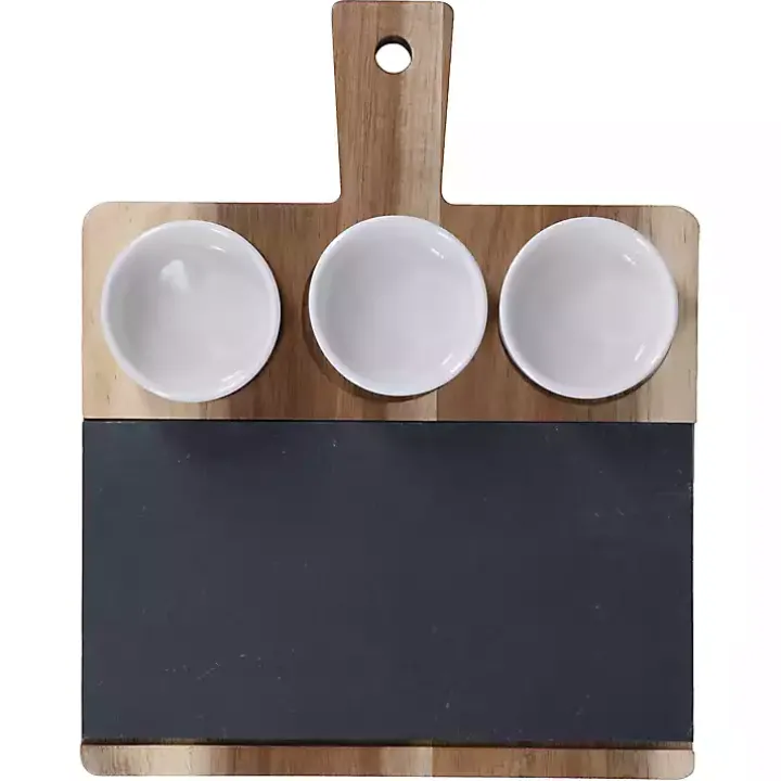 3-Bowl Slate and Wood Serving Board