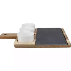 3-Bowl Slate and Wood Serving Board