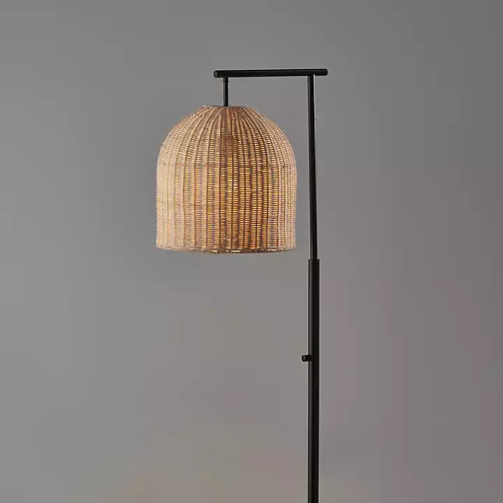 Bronze and Woven Rattan Stem Floor Lamp
