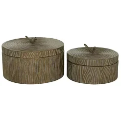 Bronze Tree Bark Round Metal Boxes, Set of 2