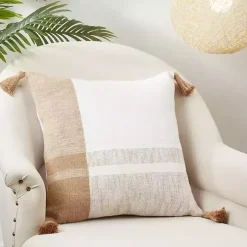 Brown and Cream Checkered Tassel Throw Pillow