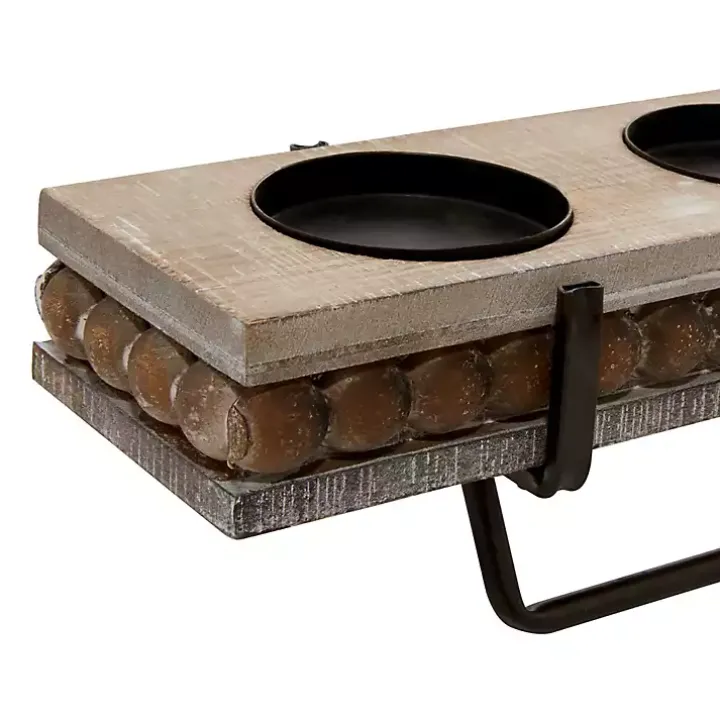 Brown Beaded Wood and Metal Base Candle Holder