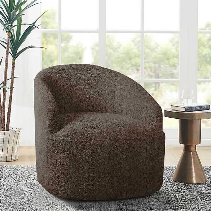 Brown Boucle Barrel Swivel Accent Chair