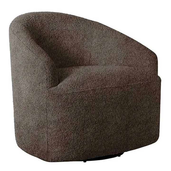 Brown Boucle Barrel Swivel Accent Chair
