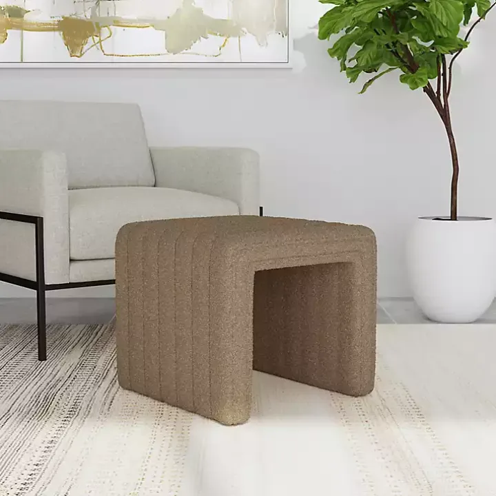 Brown Boucle Channeled Upholstered Ottoman