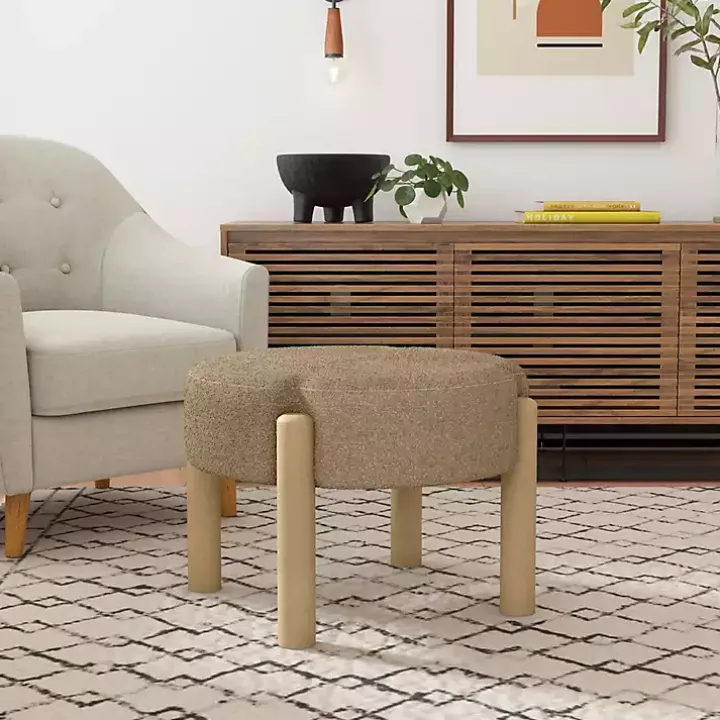 Brown Boucle Natural Wood Ottoman