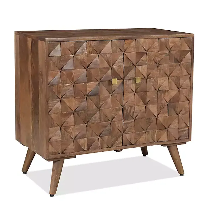 Brown Carved Wood Woven 2-Door Cabinet