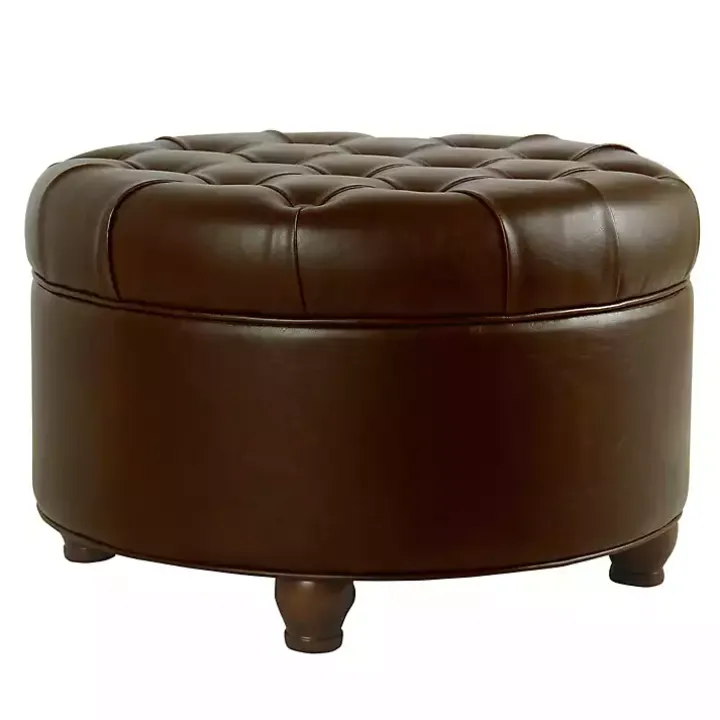 Brown Faux Leather Tufted Round Storage Ottoman