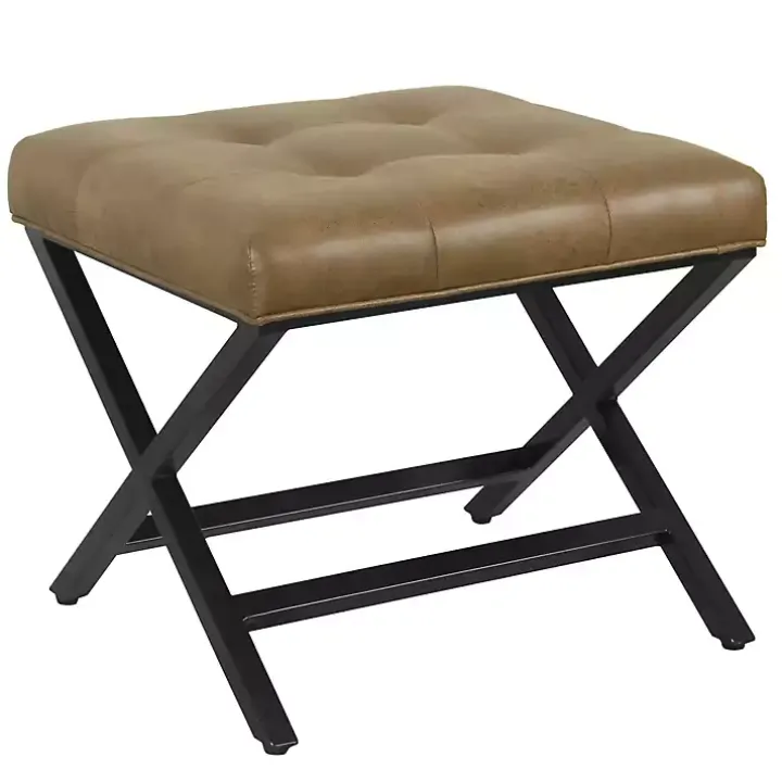 Brown Faux Leather Tufted X-Frame Bench
