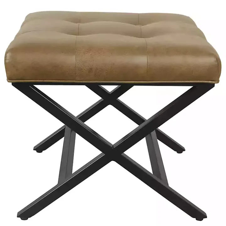 Brown Faux Leather Tufted X-Frame Bench