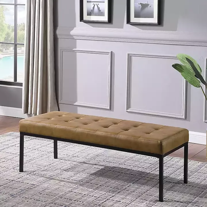 Brown Faux Leather Tufted Button Bench