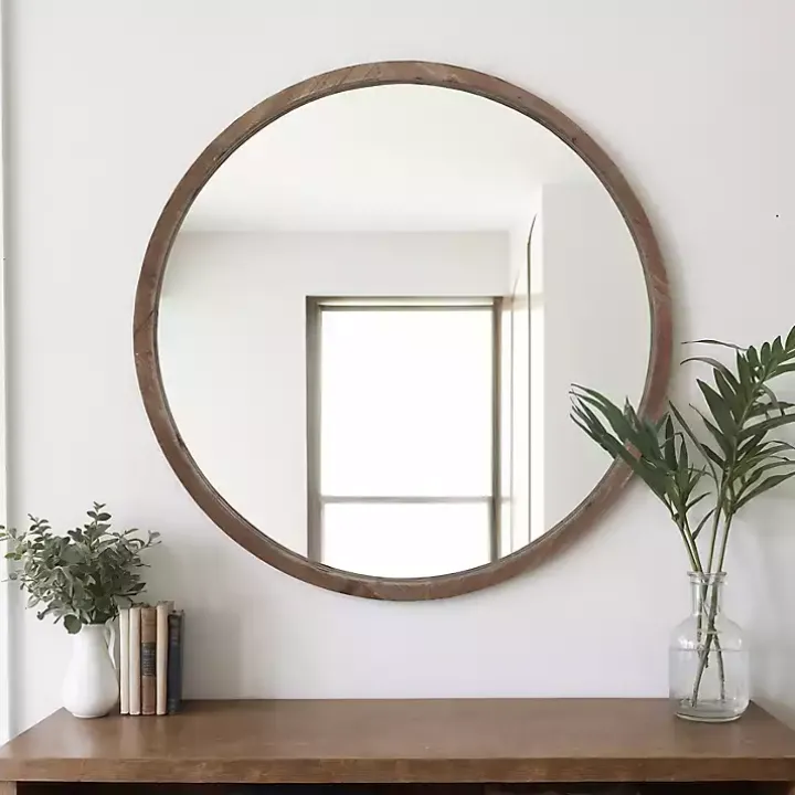 Brown Fir Wood Round Wall Mirror